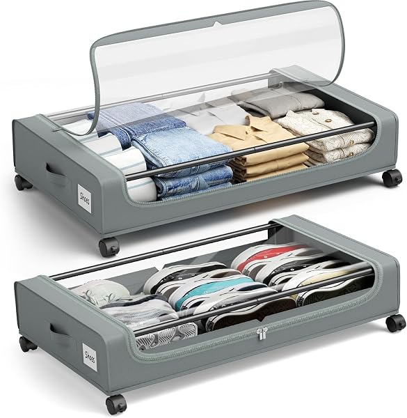 PHINOX — Lot de 2 boîtes de rangement sous le lit à roulettes, couvercle transparent