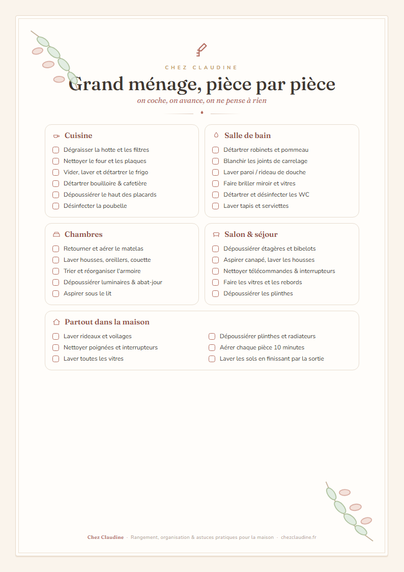 Aperçu du printable : Check-list grand ménage, pièce par pièce