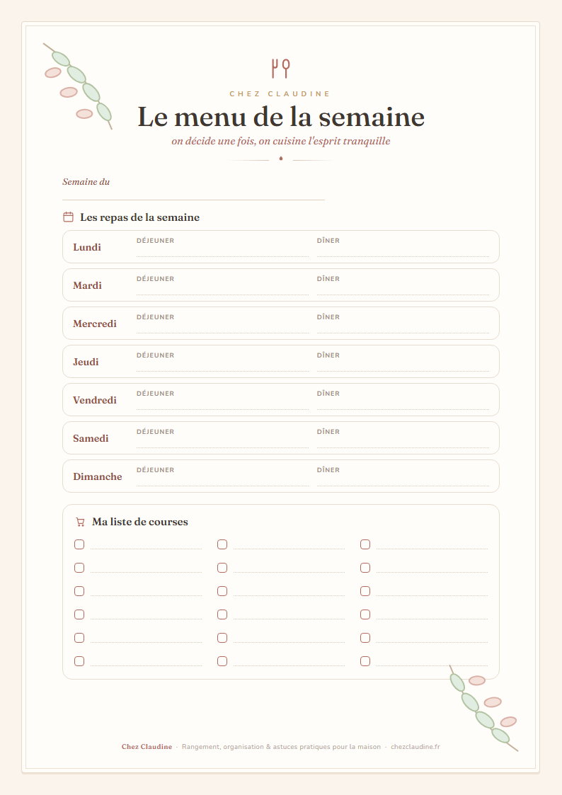 Aperçu du printable : Menu de la semaine + liste de courses
