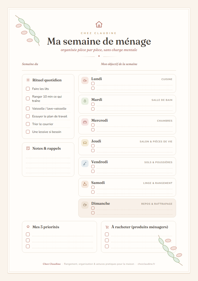 Aperçu du printable : Planning de ménage hebdomadaire
